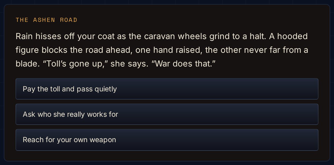 QuestSolo's opening scene, The Ashen Road: a hooded toll-keeper blocks a caravan in the rain, with three choices below: pay the toll, ask who she works for, or reach for a weapon.