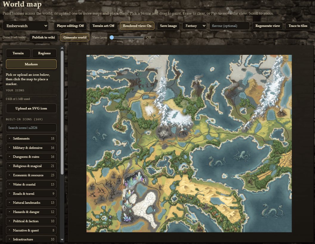 The Six Axes world map editor: a painted continent with mountains, forests, and coastlines, and a sidebar of built-in map icons grouped by type.